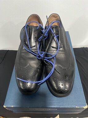 Johnston & Murphy Black Leather Wingtip Oxfords with Blue Laces